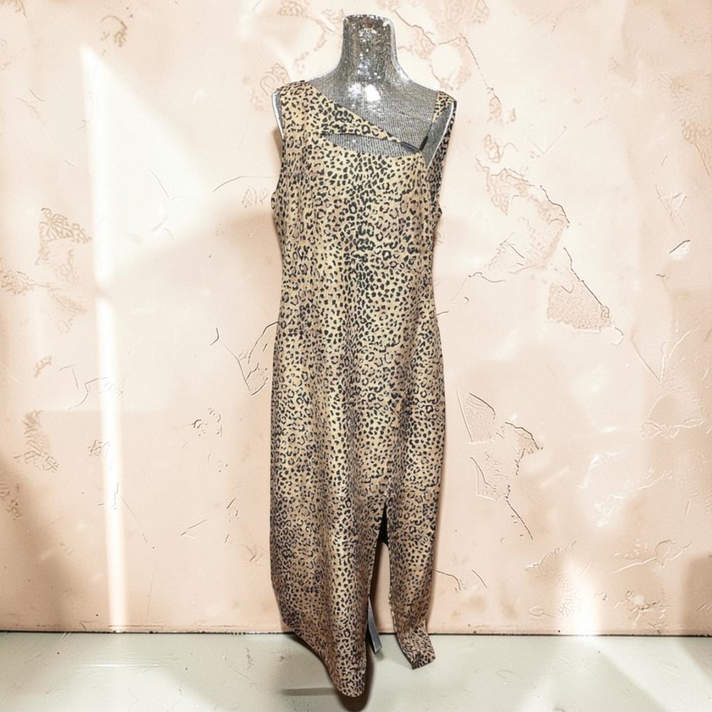 Robbie Bee 100% Silk Leopard Print Maxi Dress Sleeveless Animal Print Size 16